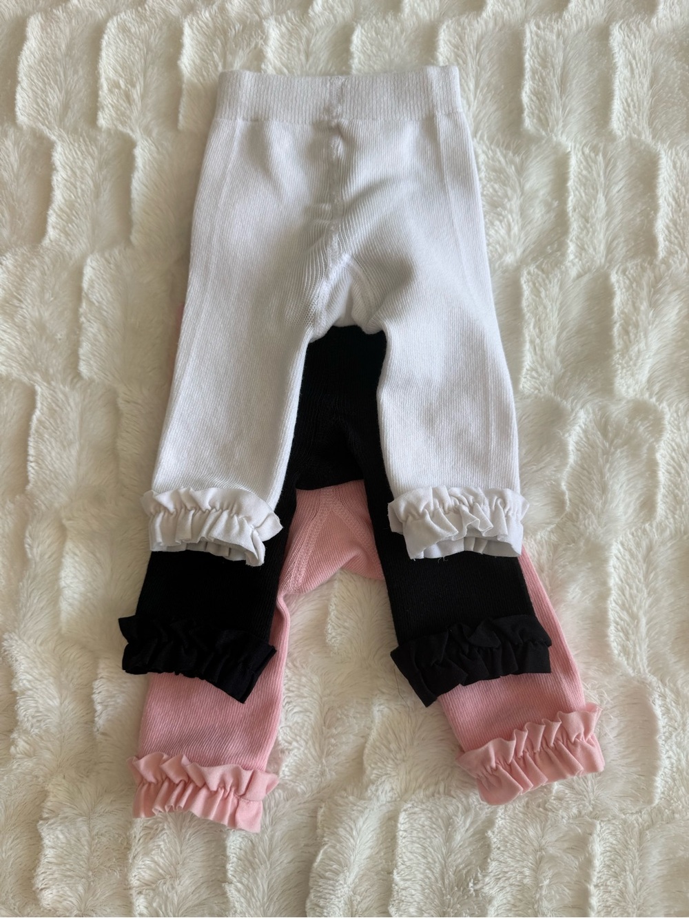RuffleButts Three-Pack Ruffle Hem Tights in White, Black & Pink